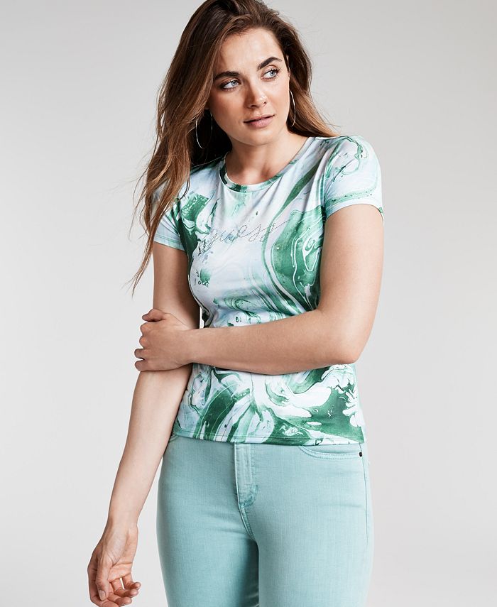 GUESS Marble-Print Logo T-Shirt & Reviews - Tops - Women - Macy's