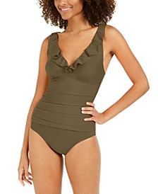 Ruffle Plunge Underwire Tummy Control One-Piece Swimsuit, Created for Macy's