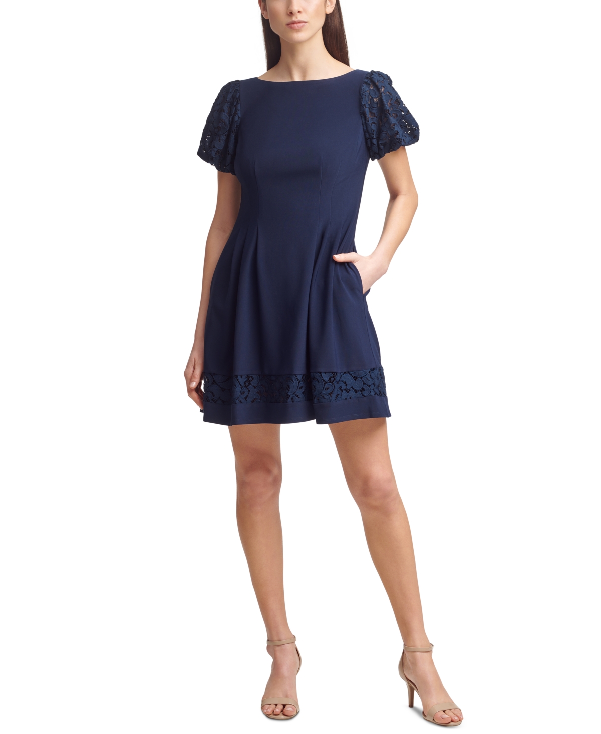 Jessica Howard Petite Lace-trim Fit & Flare Dress In Navy
