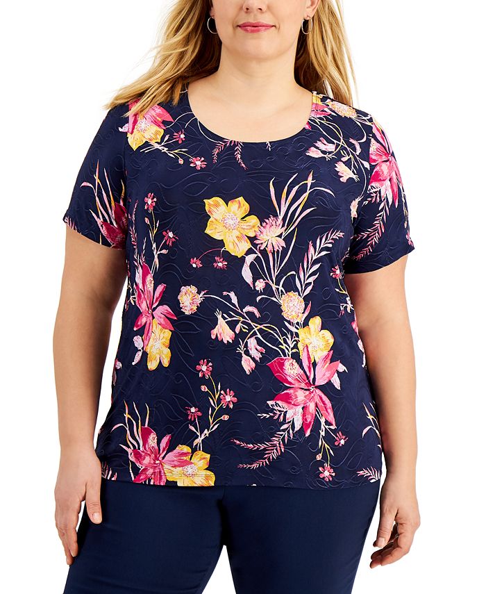 JM Collection Plus Size Floral-Print Jacquard Top, Created for Macy's ...