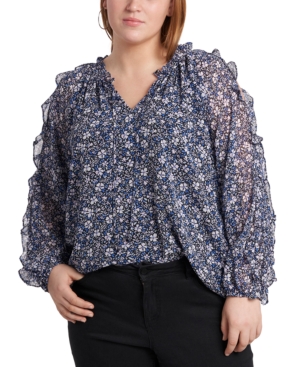 1.STATE TRENDY PLUS SIZE RUFFLED COLD-SHOULDER PRINTED TOP