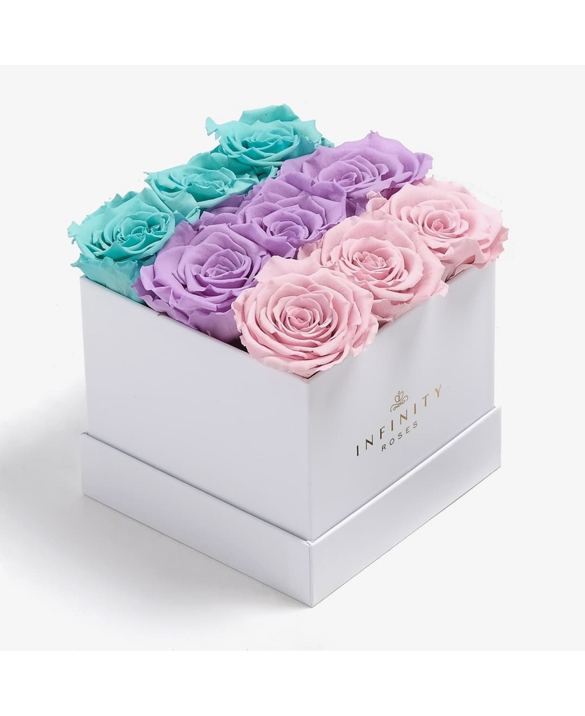 Square Box of 9 Blue Ombre Real Roses Preserved To Last Over A Year - Multi