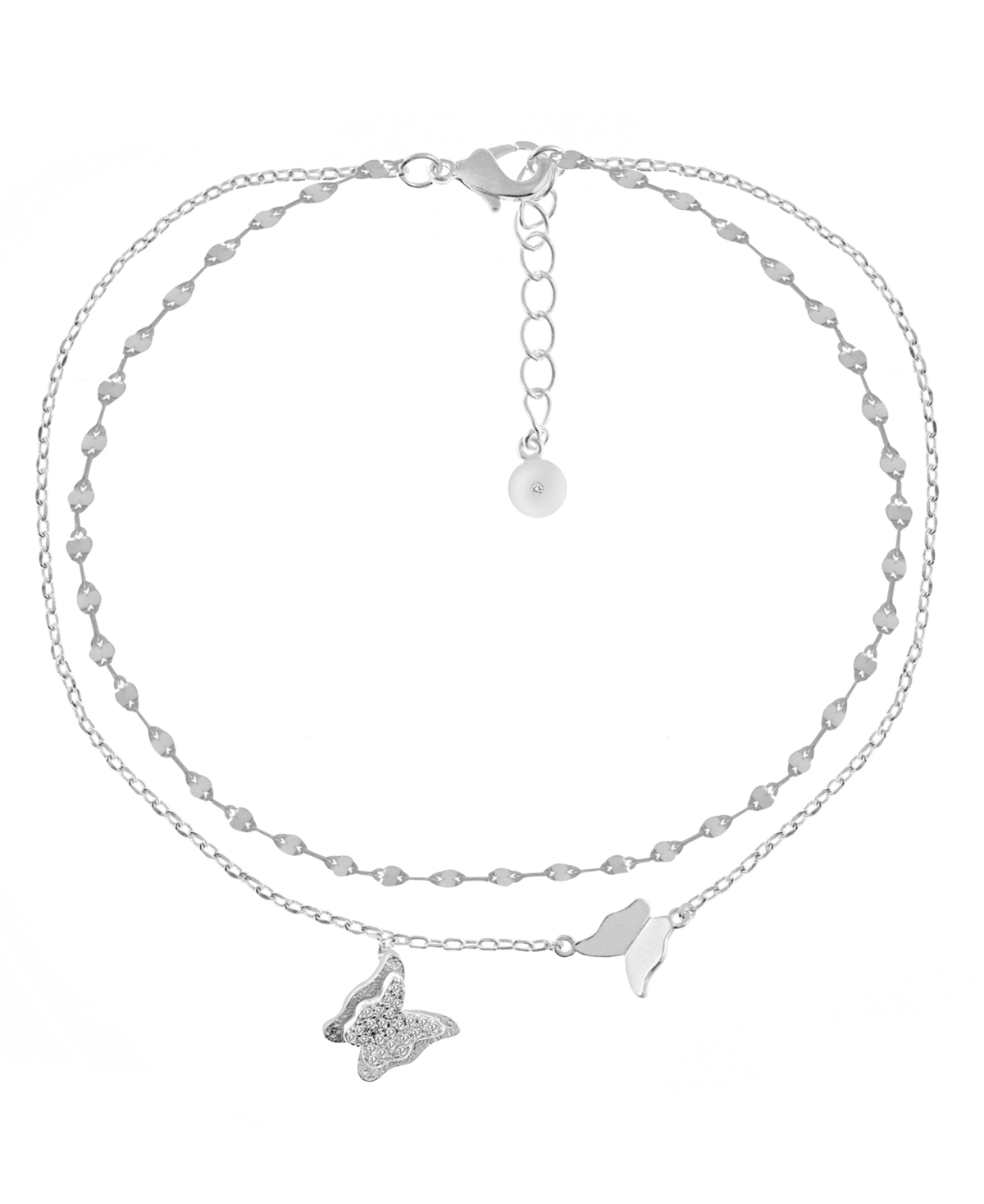 Cubic Zirconia Double Row Butterfly Charm Anklet in Silver Plate - Silver