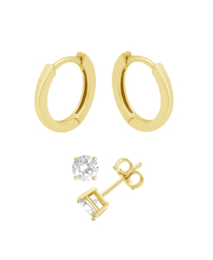 Essentials Cubic Zirconia Round Stud & Polished Huggie Hoop In Gold Plate Or Silver Plate