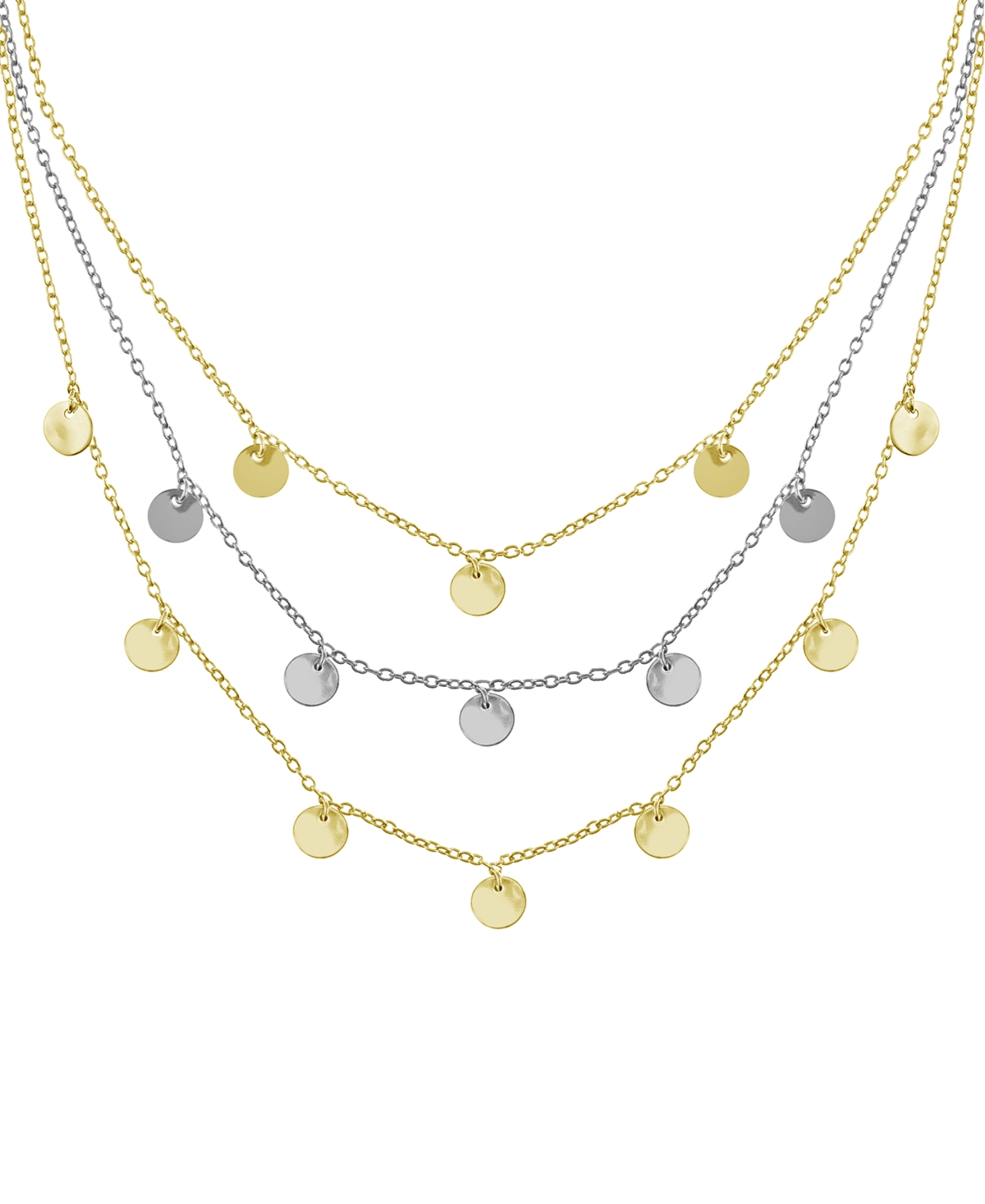 And Now This Triple Row Chain 16+2in Necklace with Disc Drops in Gold Plate or Two Tone Silver Plate - Two Tone