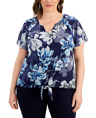 JM Collection Plus Size Printed Tie-Hem Top, Created for Macy's ...
