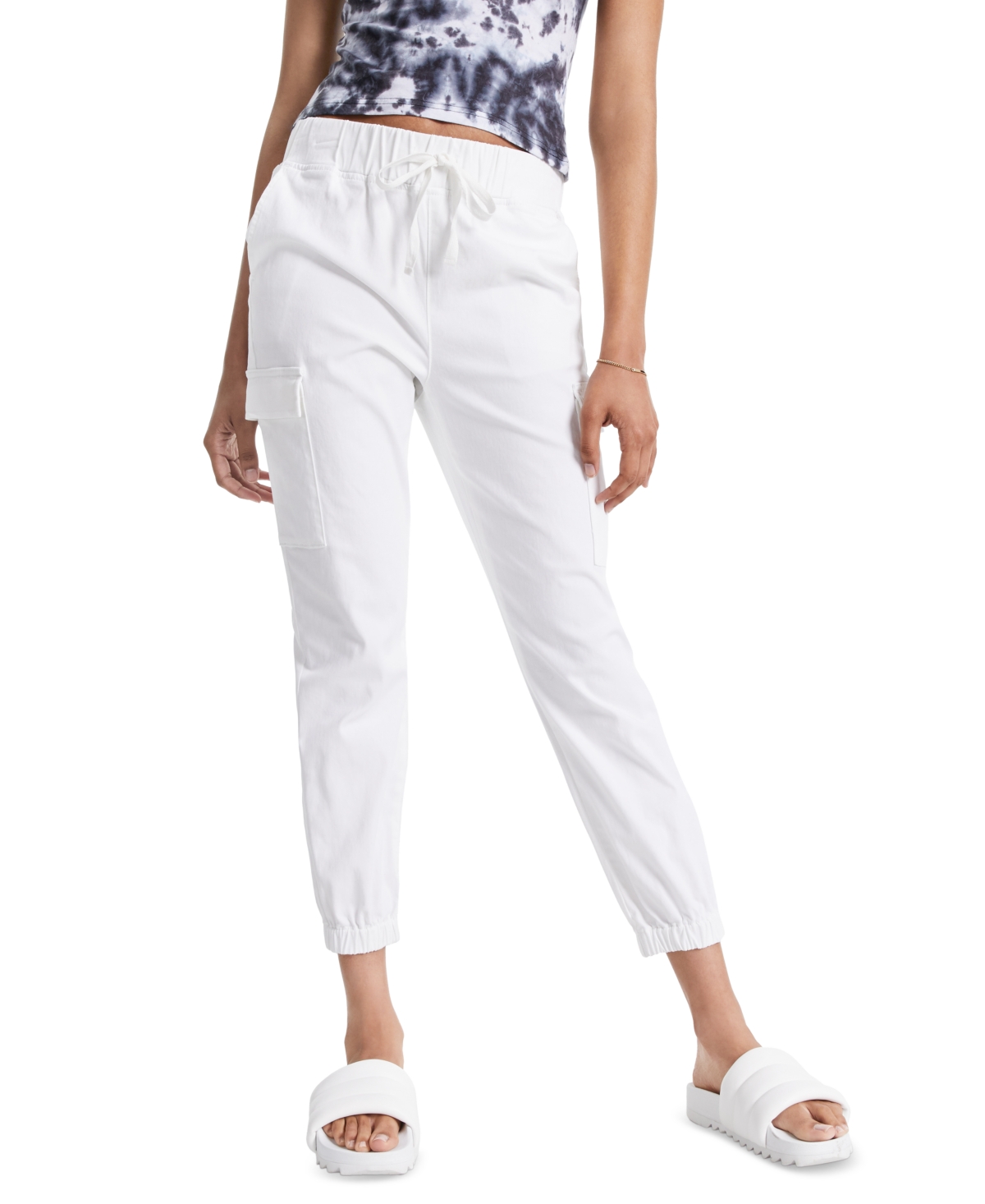 Tinseltown Juniors' High Waisted Pull On Utility Jogger Pants In Bright White