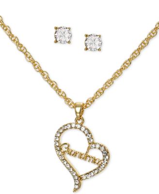 Charter Club - Gold-Tone Crystal Grandma Heart Pendant Necklace & Stud Earrings Set