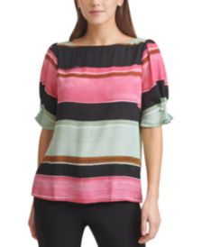 Colorblocked Faux-Pearl-Trim Elbow-Sleeve Top