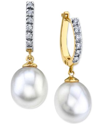 Macy's - Cultured Freshwater Pearl (9mm) & Diamond (1/5 ct. t.w.) Earrings in 14k Gold