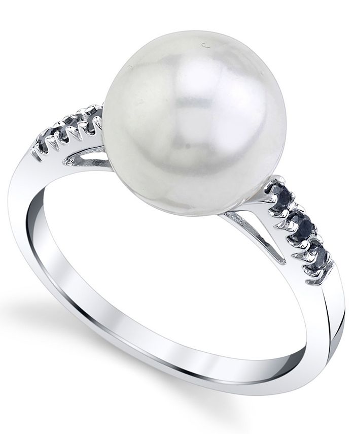Macy's - Cultured Freshwater Pearl (10mm) & Black Diamond (1/8 ct. t.w.) Ring in 14k White Gold