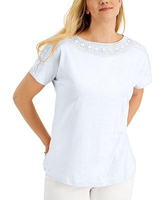 Karen Scott Cotton Crochet-Trim T-Shirt, Created for Macy's - Macy's