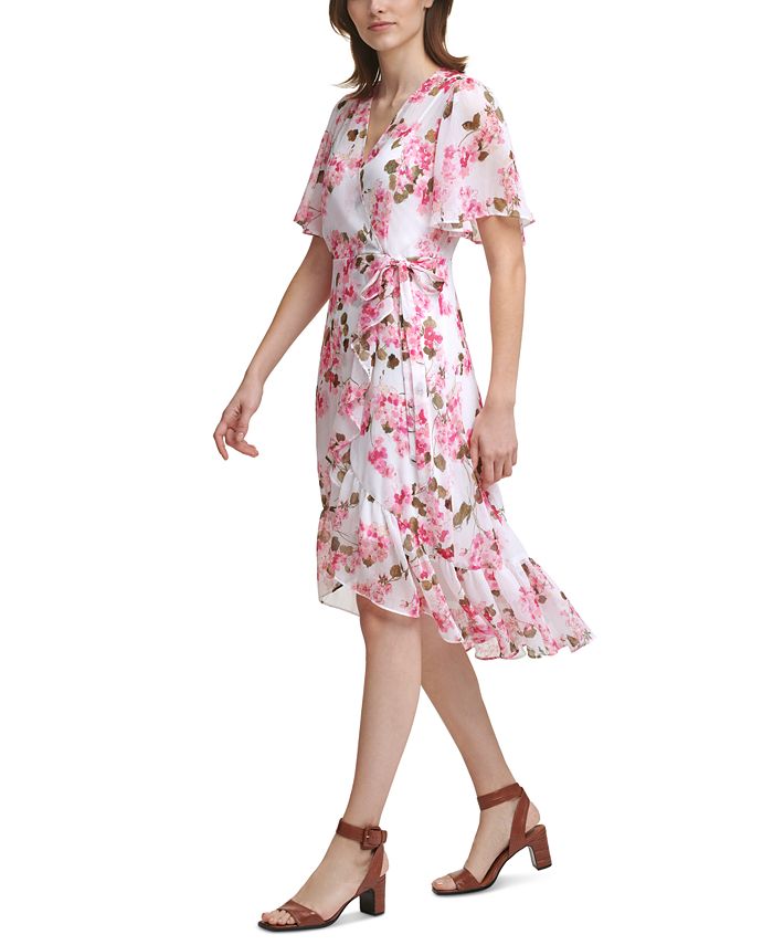 Calvin Klein Flutter-Sleeve Faux-Wrap Dress - Macy's