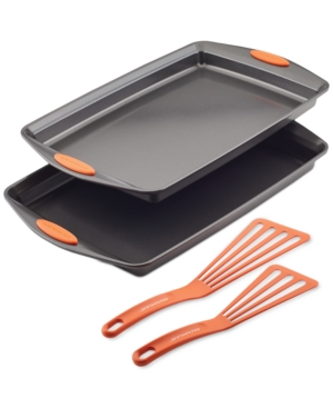 Rachael Ray Bakeware Oven Lovin' Nonstick Double Batch Cookie Pan And Utensil Set, 4-pc., Orange Handles In Gray With Orange Grips