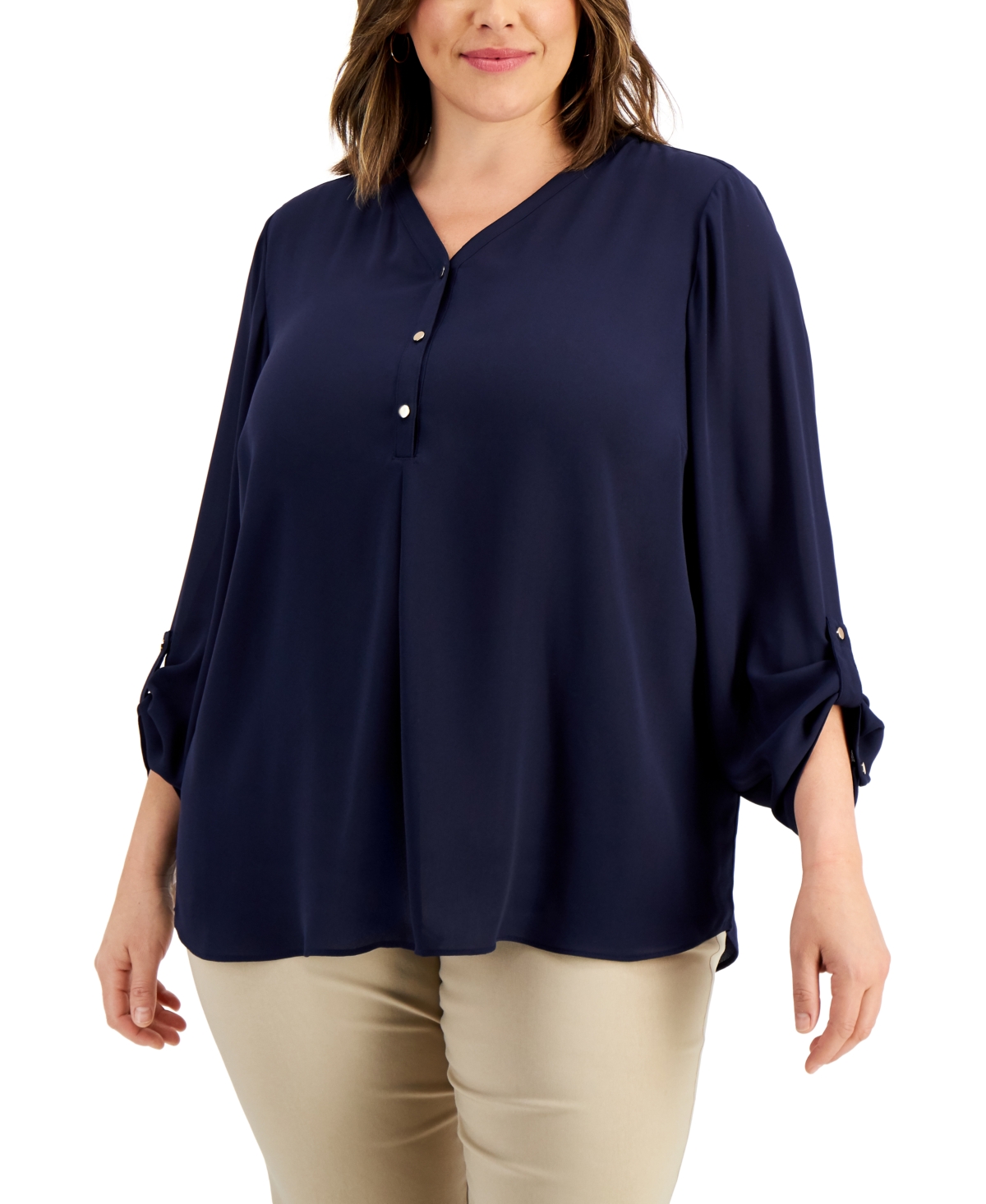Plus Size Roll-Sleeve Top, Created for Macy's - Intrepid Blue