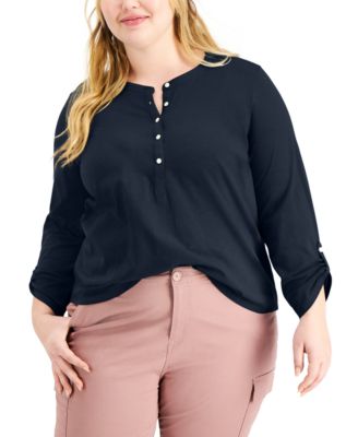 Plus Size Cotton Roll-Tab Henley Top, Created for Macy's