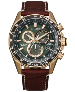 Shop Citizen Eco-drive Men's Chronograph Pcat Brown Leather Strap Watch 43mm In Gold