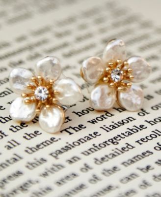 Gold-Tone Crystal & Imitation Pearl Flower Stud Earrings 
