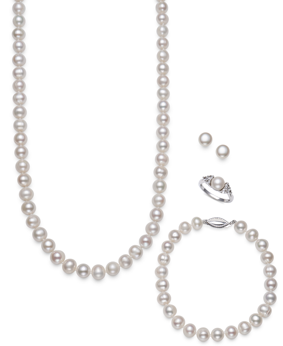 4-Pc. Set Cultured Freshwater Pearl (7-8mm) Necklace, Bracelet, Stud Earrings & Ring in Sterling Silver - Sterling Silver