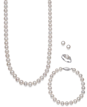 Shop Belle De Mer 4-pc. Set Cultured Freshwater Pearl (7-8mm) Necklace, Bracelet, Stud Earrings & Ring In Sterling Sil In Sterling Silver