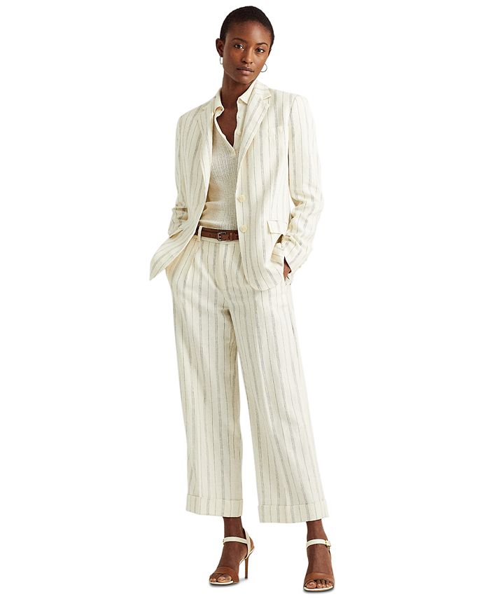 Ralph Lauren Striped Blazer, Roll Tab Cardigan & Linen Pants Women -  Bloomingdale's