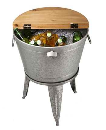 Glitzhome - 26.29"H Galvanized Beverage Tub with Metal Stand or Accent Table with Firwood Lid