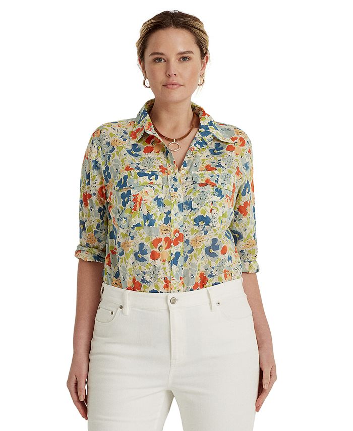 Lauren Ralph Lauren Plus Size Linen Patch-Pocket Shirt - Macy's