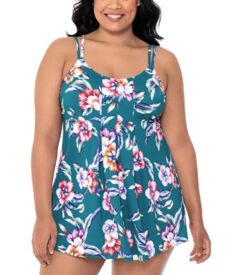 Swim Solutions - Plus Size Floral-Print Inverted Pleat-Front Swimdress