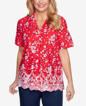 Alfred Dunner Women's Missy Anchor's Away Tossed Floral Eyelet Shirt In Red