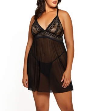 Icollection Plus Size Hazel Lace And Mesh Babydoll, Set Of 2 In Black