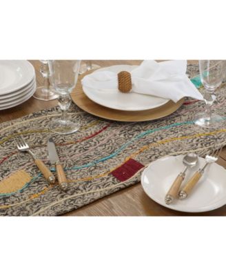Saro Lifestyle Embroidered Table Runner with Block Print Design, 72" x 16"
