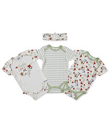 Baby Girls 4-Pc. Printed Cotton Bodysuits & Headband Set 