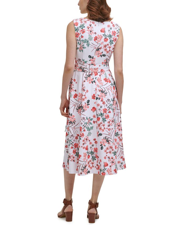Calvin Klein Floral-Print Belted A-Line Dress - Macy's