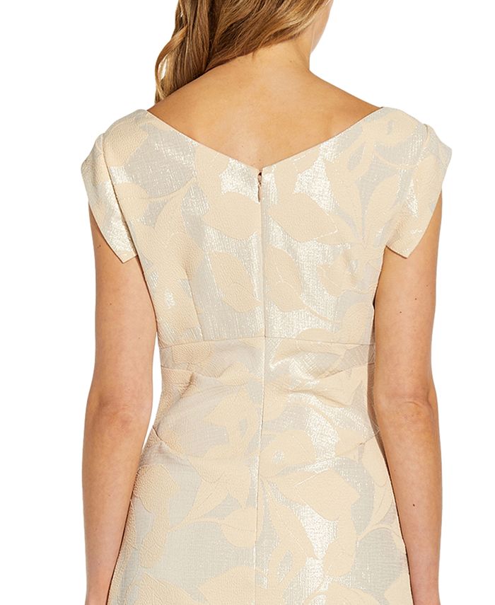 Vestido Largo Flores Bordadas Vestido Jacquard Adrianna Papell Mujer - Perlas Y Flores Metálicas Vestido Formal Mangas Escote Barco