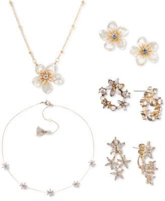 Gold-Tone Crystal & Imitation Pearl Flower Stud Earrings 