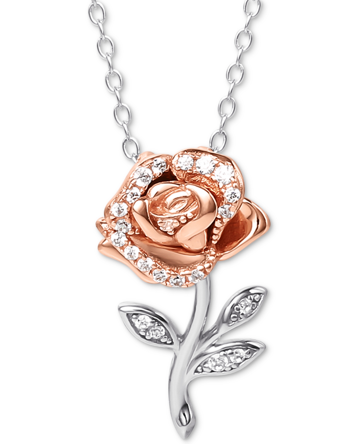 Cubic Zirconia Rose 18" Pendant Necklace in Sterling Silver & 18k Rose Gold-Plate - Sterling Silver
