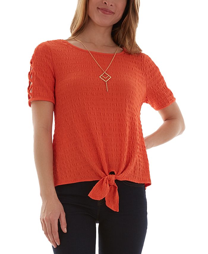 BCX Juniors' Lattice-Sleeve Textured Tie-Front Top & Reviews - Tops ...