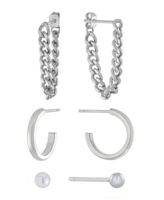 Macy's - 3pc Post Ball, Hoop and Chain Earring Set in Gold or Fine Silver Plated
