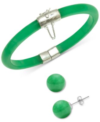 Macy's 2-Pc. Set Dyed Green Jade (6mm) Bangle Bracelet & Green Jade (10mm) Stud Earrings in Sterling Silver