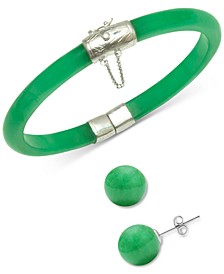 2-Pc. Set Dyed Green Jade (6mm) Bangle Bracelet & Green Jade (10mm) Stud Earrings in Sterling Silver