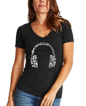 LA POP ART WOMEN'S WORD ART MUSIC NOTE HEADPHONES V-NECK T-SHIRT 