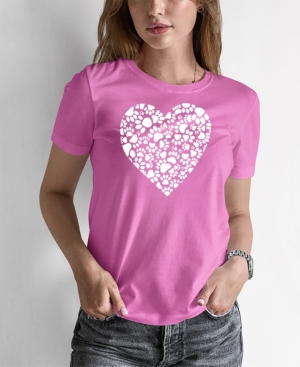 La Pop Art Women's Word Art Paw Prints Heart T-shirt In Pink