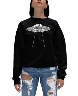 La Pop Art Women's Word Art Flying Saucer Ufo Crewneck Sweatshirt In Black