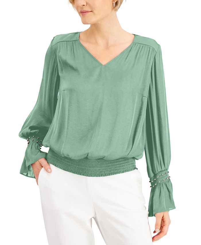 JM Collection Petite Smocked-Sleeve Necklace Top, Created for Macy's -  Macy's