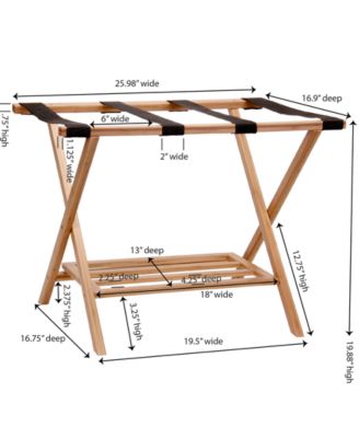 Fully Assembled Folding Luggage Rack with Lower Storage Shelf, Bamboo Frame with Black Straps