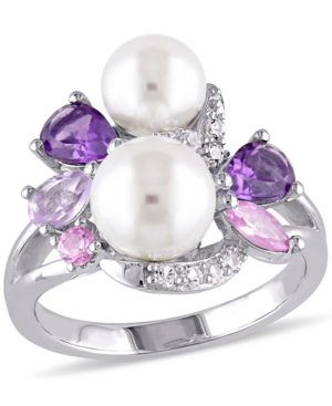 Macy's Cultured Freshwater Pearl (6-1/2 & 7-1/2mm) & Multi-gemstone (1-3/8 Ct. T.w.) Cluster Ring In Sterli In Silver