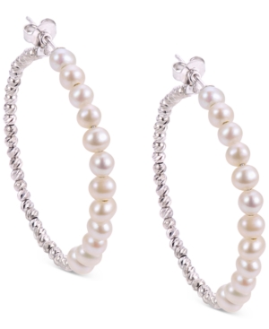 Shop Macy's Cultured Freshwater Pearl (4-4-1/2mm) Medium Hoop Earrings In Sterling Silver, 1.58"