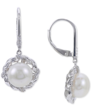 Macy's Cultured Freshwater Pearl (9mm) & White Topaz (1/10 Ct. T.w.) Rope Drop Earrings In Sterling Silver