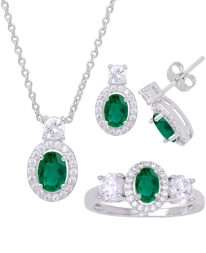 Macy's Simulated Emerald Oval Halo 3 Piece, Pendant, Earrings And Ring, Set In Silver Plate In Silver