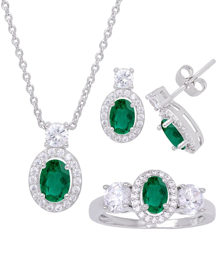 Sterling Silver Created Emerald & White Topaz Oval Halo Necklace &  Leverback Earrings Set
